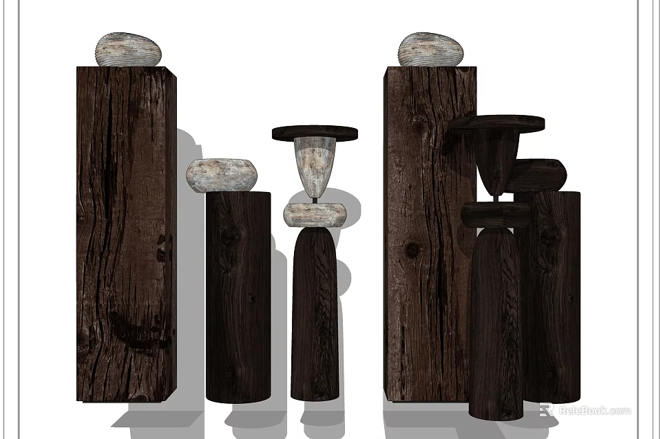 Natural Style Decorative Ornament Set With Stacked Wooden Pillars And Stone Accents 3d model 
