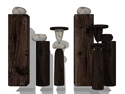 Natural Style Decorative Ornament Set With Stacked Wooden Pillars And Stone Accents 3d model