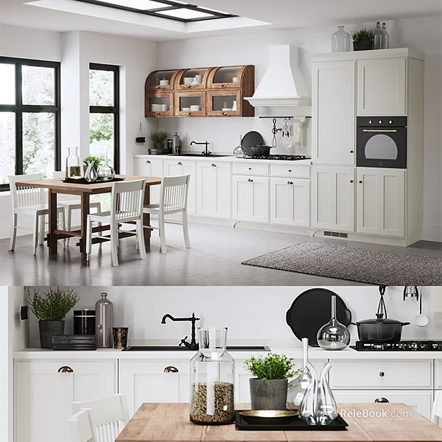 Modern Kitchen Interior With Dining Table Chairs White Cabinets Windows And Plants 3d model 