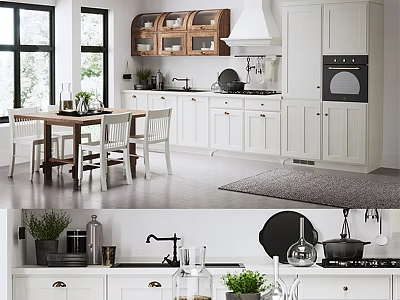 Modern Kitchen Interior With Dining Table Chairs White Cabinets Windows And Plants 3d model