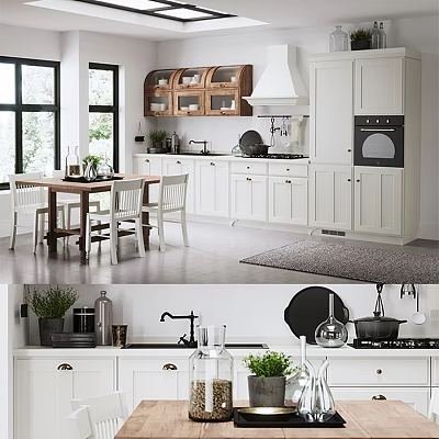 Modern Kitchen Interior With Dining Table Chairs White Cabinets Windows And Plants 3d model