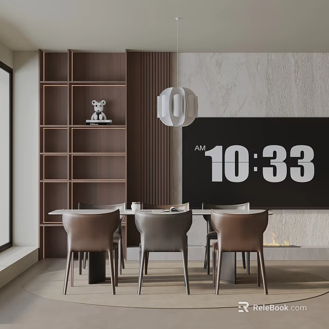 Modern Dining Table Set with Chairs Wooden Bookshelf Pendant Light and Marble Wall 3d model 