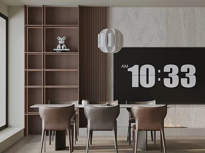 Modern Dining Table Set with Chairs Wooden Bookshelf Pendant Light and Marble Wall 3d model