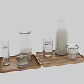 Refreshing Beverages in Glass Bottles and Cups on Wooden Trays with Ice Cubes