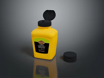 Yellow Mustard Bottle With Open Cap And Black Lid On Reflective Surface 3d model