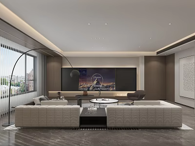 Modern Dining and Living Room Interior With Light Sofa TV Wall And Large Window 3d model