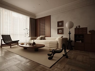 Modern Living Room Interior With Beige Sofa Wooden Coffee Table Floor Lamp And Area Rug 3d model