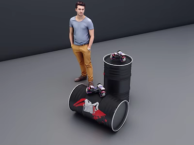 Commercial Equipment Display on Black Barrels with Red Logos and Standing Man 3d model