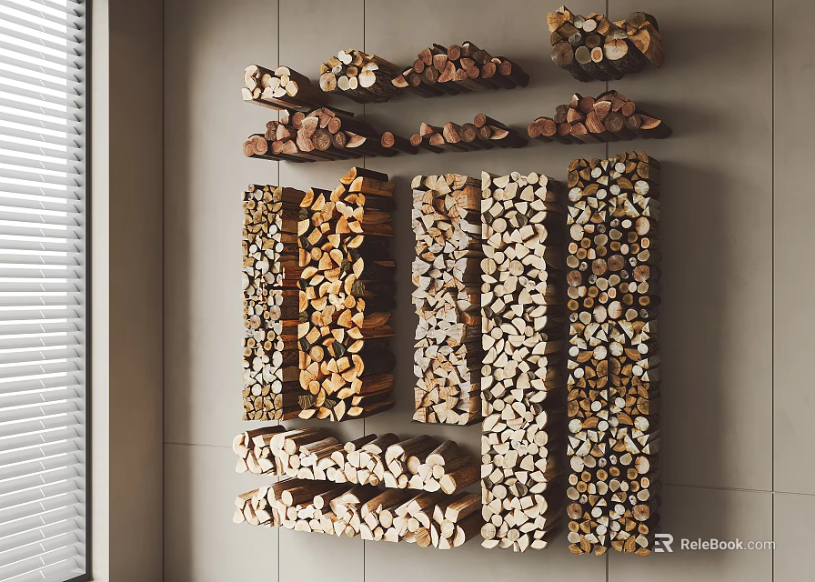Stone Wood Wall Decor With Neatly Arranged Stacked Wooden Logs In Different Colors 3d model 