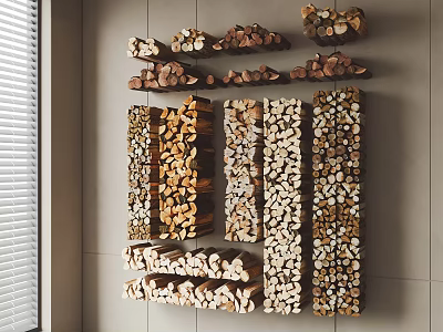 Stone Wood Wall Decor With Neatly Arranged Stacked Wooden Logs In Different Colors 3d model