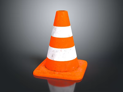 Orange And White Striped Safety Traffic Cone On Black Reflective Surface 3d model