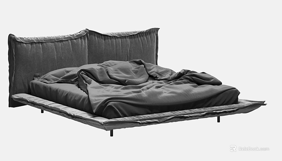 Modern Double Bed With Velvet Headboard And Wrinkled Blanket On Platform Frame 3d model 
