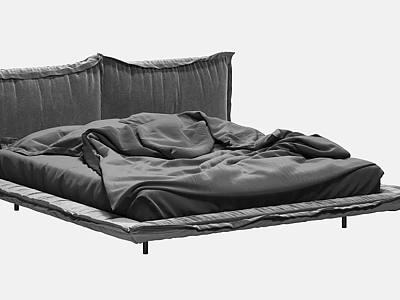 Modern Double Bed With Velvet Headboard And Wrinkled Blanket On Platform Frame 3d model