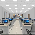 School Computer Classroom Featuring Computers Student Desks Large Screen Windows And Ceiling Lights 3d model