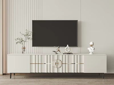 Modern White TV Stand with Gold Accents and Decorative Items in Living Room 3d model