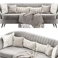 Modern Gray Curved Multi Seat Sofa With Striped Cushions And Throw Blanket 3d model