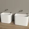 Modern Bathroom With White Ceramic Sinks Wall Mounted Faucets Wooden Floor And Gray Wall