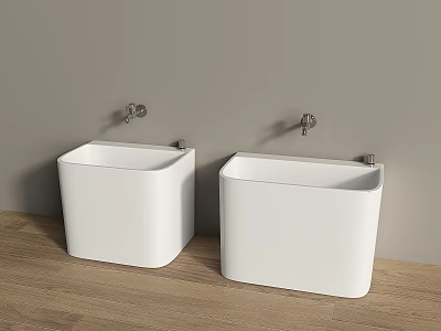 Modern Bathroom With White Ceramic Sinks Wall Mounted Faucets Wooden Floor And Gray Wall 3d model