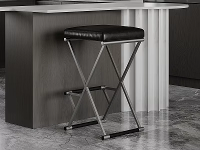 Modern Black Leather Bar Stool With Metal X Shaped Frame In Kitchen Bar Area 3d model
