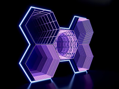 Neon Geometric Art Installation With Hexagonal Structure Spiral Design And Reflective Surface 3d model