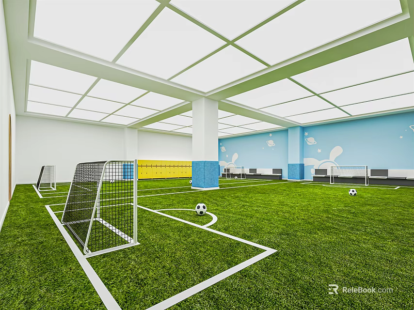 Indoor Football Field With Green Turf White Lines Goals And Blue Yellow Walls 3d model 
