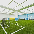 Indoor Football Field With Green Turf White Lines Goals And Blue Yellow Walls