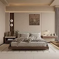 Modern Cozy Bedroom Interior With Wooden Bed Nightstand Decorative Painting Table Lamp And Curtains