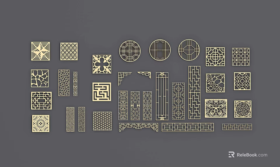 Various Traditional Lattice Windows With Different Carved Patterns And Decorative Designs 3d model 
