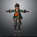 3D Young Boy Character Model Wearing Traditional Outfit With Green Red Accents And Standing Pose