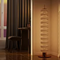 Stylish Dressing Table With Round Lighted Mirror Cosmetics Perfume Bottles Lipsticks And Flower Vase