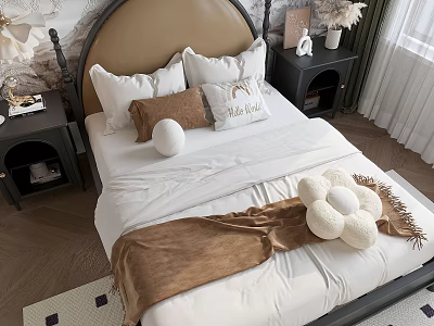 Elegant Double Bed With Brown Headboard White Sheets Decorative Pillows And Soft Blanket 3d model