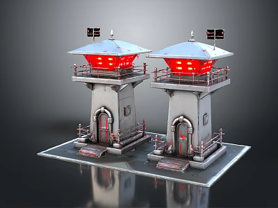 Industrial Style Silver Towers With Red Lights And Decorative Doors On Square Base 3d model