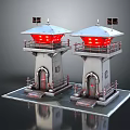 Industrial Style Silver Towers With Red Lights And Decorative Doors On Square Base