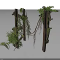 Modern Natural Wooden Posts Structure Featuring Climbing Vines And Green Leaves