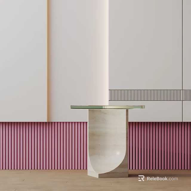 Modern Side Table With Glass Top And Beige Marble Base By Pink Striped Wall 3d model 