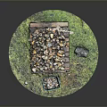 Outdoor Grass Area With Wooden Pallet Piled With Stones And Green Plastic Bin