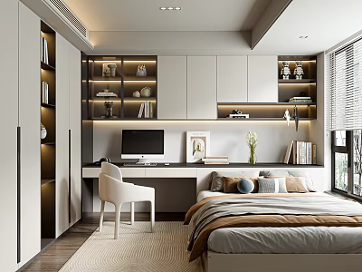 Tatami Bedroom Interior Design With Cozy Bed Writing Desk Built in Bookshelves And Warm Lighting 3d model