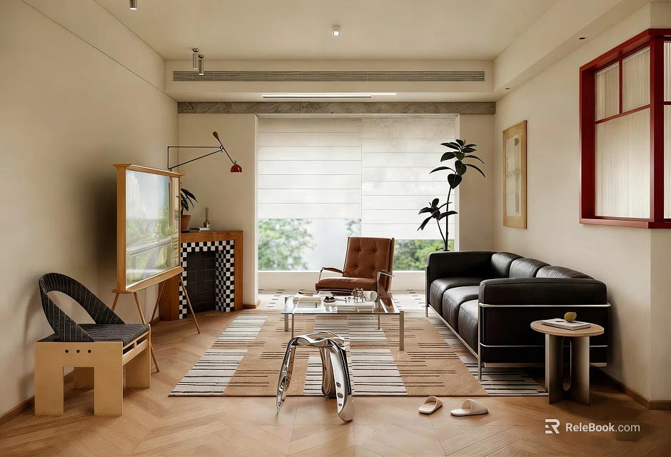 Modern Living Room Interior With Black Leather Sofa Brown Armchair Coffee Table And Plants 3d model 