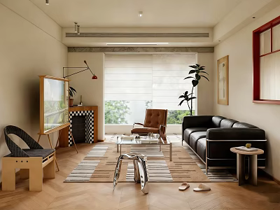 Modern Living Room Interior With Black Leather Sofa Brown Armchair Coffee Table And Plants 3d model