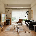 Modern Living Room Interior With Black Leather Sofa Brown Armchair Coffee Table And Plants