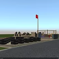Scenic Park Landscape With Green Lawns Pond Red Flag And Wooden Playground Areas