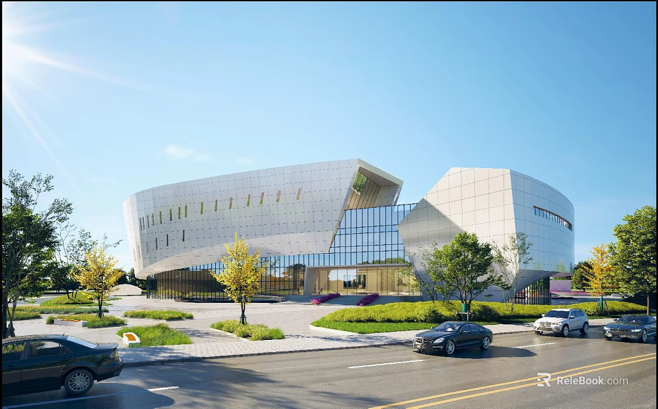Modern Museum Building With Geometric Glass Facade And Surrounding Greenery 3d model 