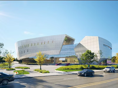 Modern Museum Building With Geometric Glass Facade And Surrounding Greenery 3d model