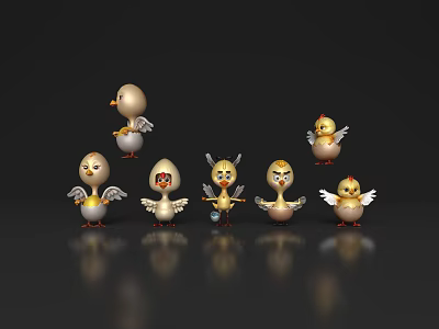 Cartoon Chickens As Flying Animals With Wings Wearing Hats And Various Expressions On Black Background 3d model