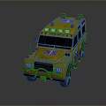 Yellow Emergency Ambulance Vehicle With Red Lights And Blue Medical Cross