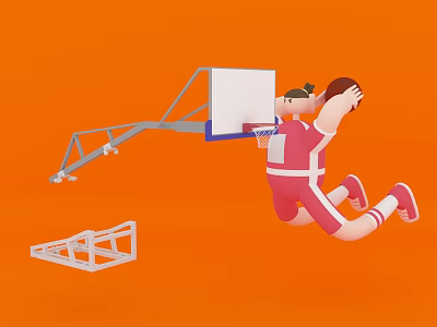Cartoon Character in Red Sportswear Dunking Basketball with Orange Background and Hoop Structure 3d model