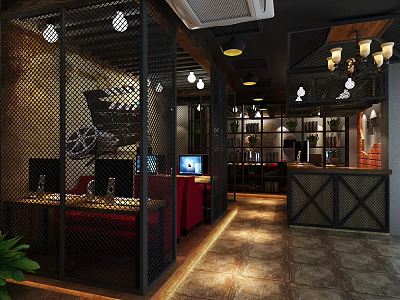 Industrial Style Internet Cafe Interior With Metal Partitions Red Sofas Computers And Pendant Lights 3d model