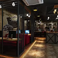 Industrial Style Internet Cafe Interior With Metal Partitions Red Sofas Computers And Pendant Lights