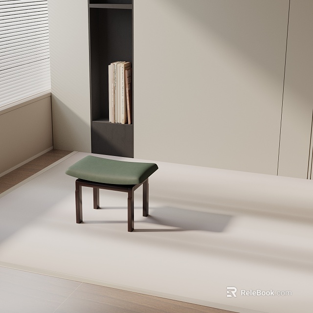 Green Padded Side Table With Dark Wooden Legs By Window Near Bookshelf With Books 3d model 