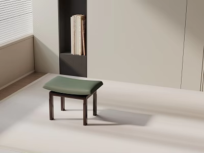 Green Padded Side Table With Dark Wooden Legs By Window Near Bookshelf With Books 3d model